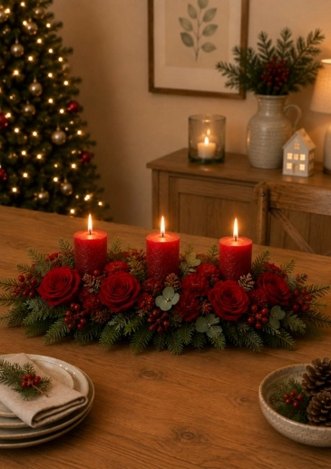 This long, slim arrangement measures approximately 35cm and is packed with rich red flowers &pound;135